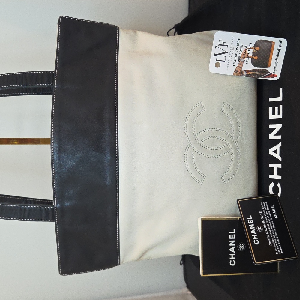 Chanel Coco Mark 1997 Contrast Tote 24kt Gold Plated W/Chanel Card/Book